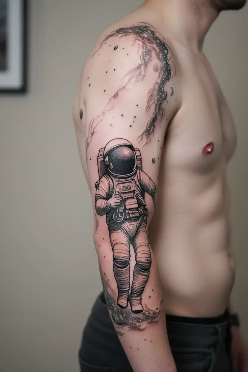 astronaut surrounded in neubules galaxy filled tattoo design idea