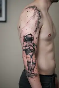 astronaut surrounded in neubules galaxy filled tattoo design idea