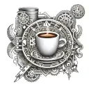 Design a border inspired by Aztec art featuring engineering tools and coffee elements tattoo design idea
