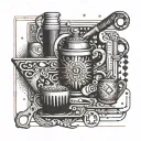 Design a border inspired by Aztec art featuring engineering tools and coffee elements tattoo design idea