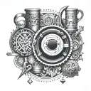 Design a border inspired by Aztec art featuring engineering tools and coffee elements tattoo design idea