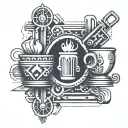 Design a border inspired by Aztec art featuring engineering tools and coffee elements tattoo design idea
