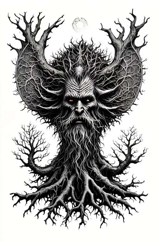 Treebeard and his roots growing into a metatron tattoo design idea