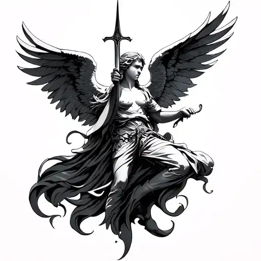 falling angel holding a sword tattoo design idea