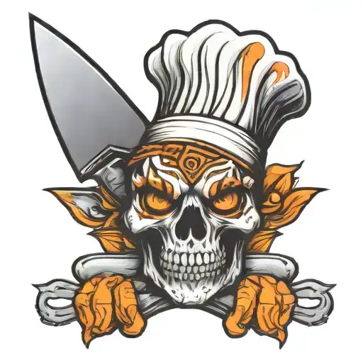 skull wearing chef hat with an orange tiger paw.  two chef knives crossed beneath it tattoo design idea