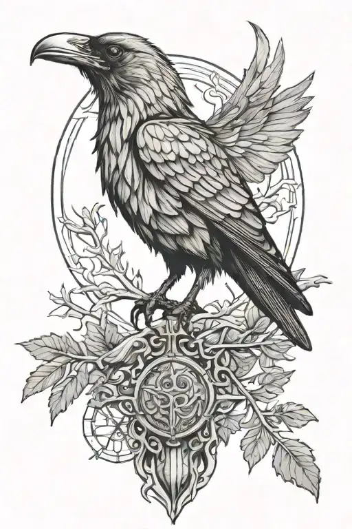 the raven of the god Odin above her ikdrasil tattoo design idea