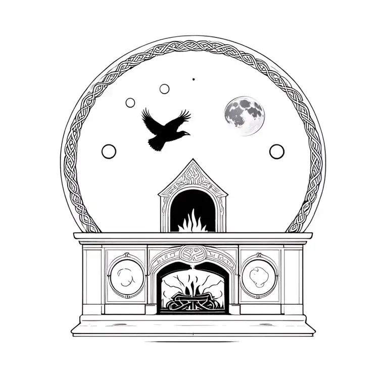 Fireplace with Raven flying in front of the moon phases. Celtic linework surrounding whole piece  tattoo design idea