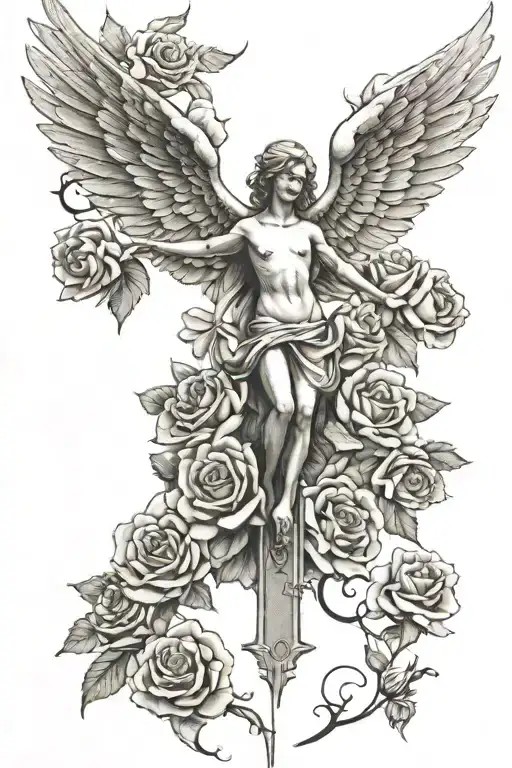 cross that's not filled in with roses, and a angel looking down on it tattoo design idea