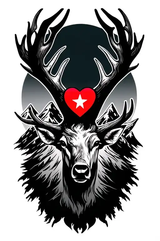 thin line tattoo with antlers three peak mountain between the antlers with a fire heart as a star above the mountains  tattoo design idea