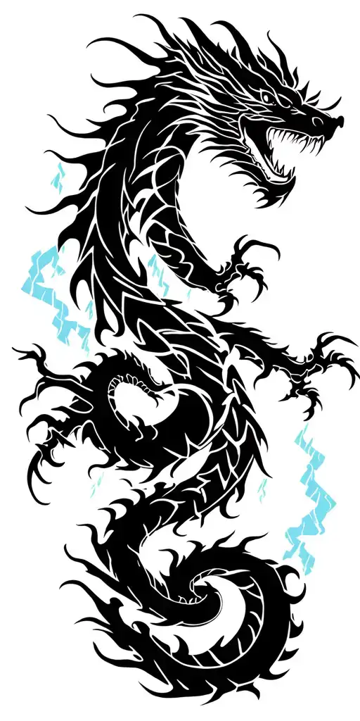 Japanese dragon intertwined by a storm and lightning  tattoo design idea