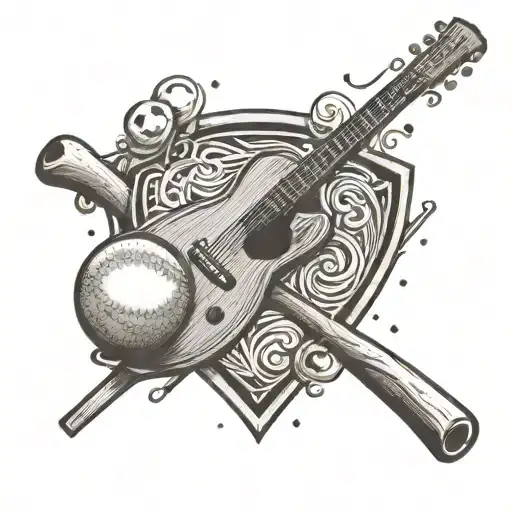A tattoo of a guitar and a baseball bat crossed together, symbolizing the client's love for both music and sports tattoo design idea