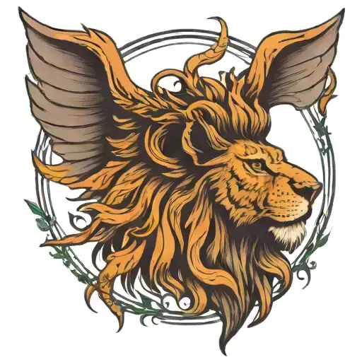 a face of a lion with Fenix wings and roots from the arbor vitae  tattoo design idea