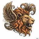 a face of a lion with Fenix wings and roots from the arbor vitae  tattoo design idea