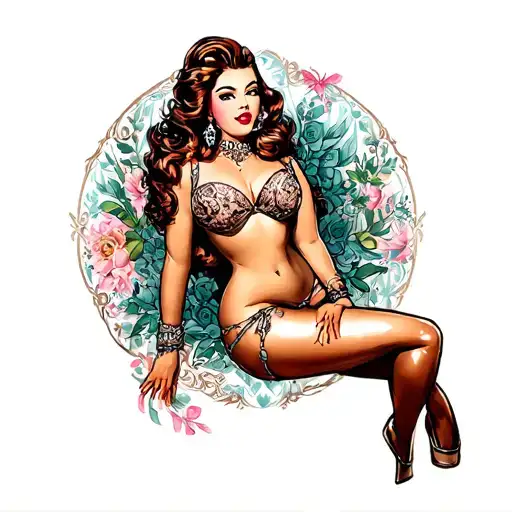 Pin up girl with curves and big boobies tattoo design idea