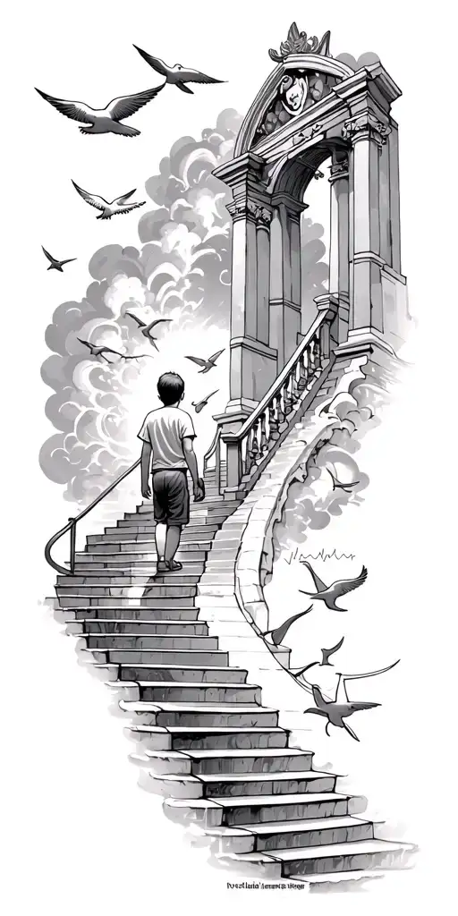 little boy walking up a staircase to heaven gates doves flying and lights and sharks and a heartbeat tattoo design idea
