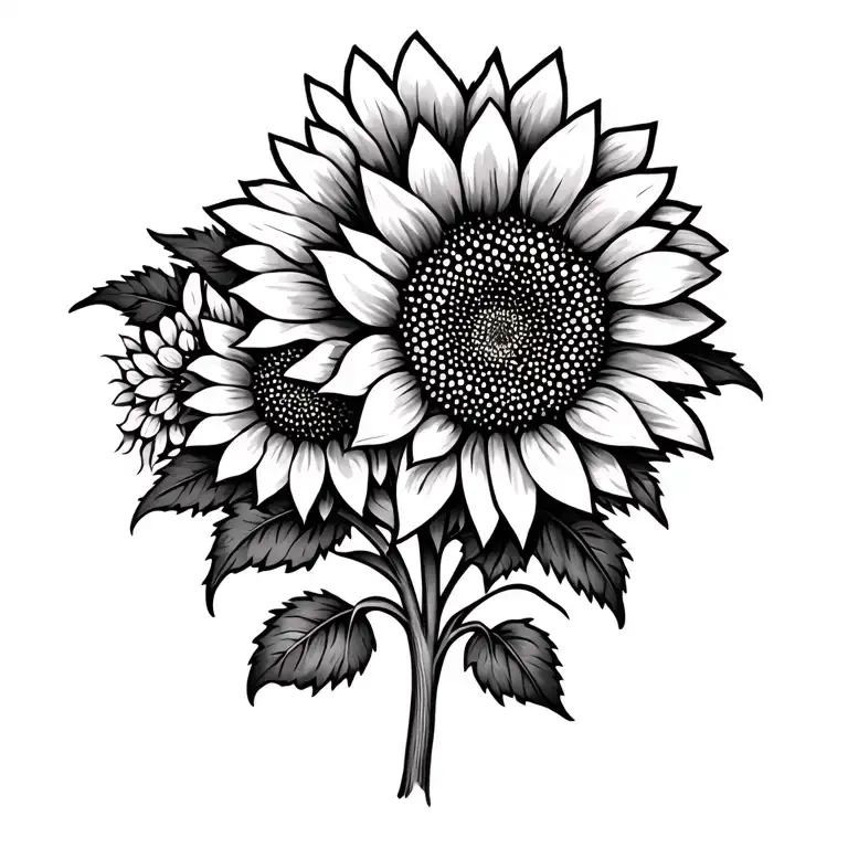sunflower and lots of smaller flowers and leaves tattoo design idea