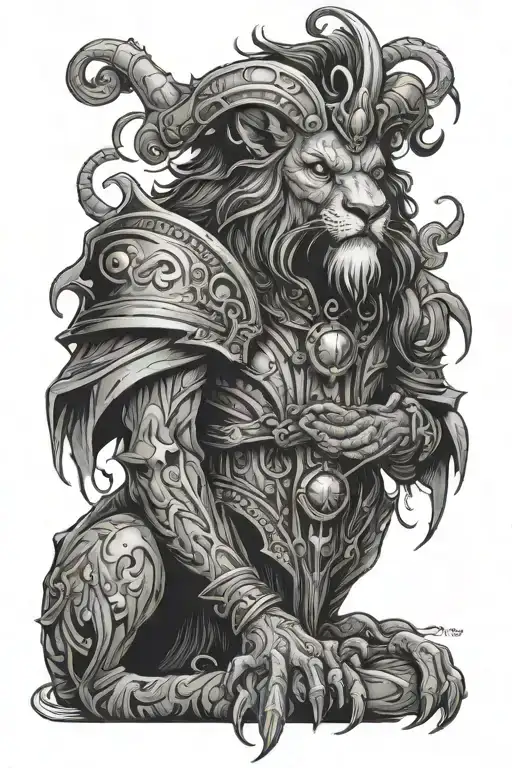 anthropomorphic lion warlock necromancer dead man in jester's outfit tattoo design idea