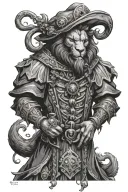 anthropomorphic lion warlock necromancer dead man in jester's outfit tattoo design idea