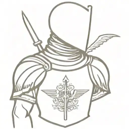 medieval engraving 2 faces person knight with crones and wings in armoury with swords and symbols tattoo design idea