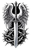 angel wings with sword wrapped in thorns tattoo design idea