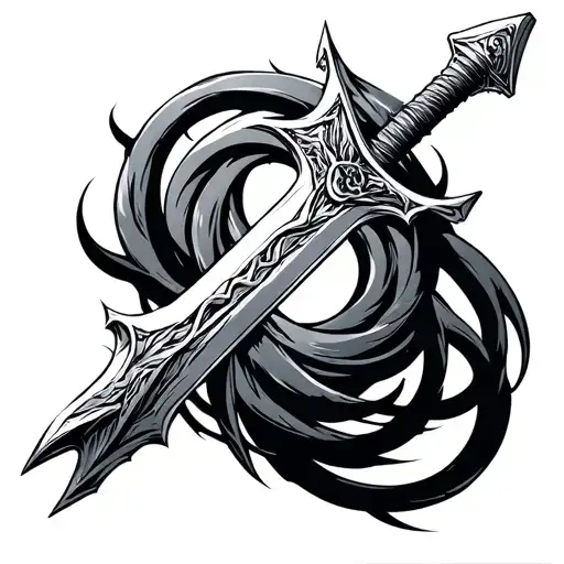 the keyblade from kingdom hearts, the final tidus sword from  final fantasy x, and sly coopers cane intertwining  tattoo design idea