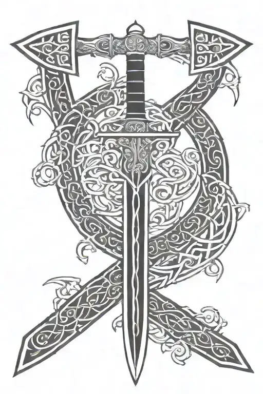 An irish cetic longsword with tree branches wrapped around it  tattoo design idea
