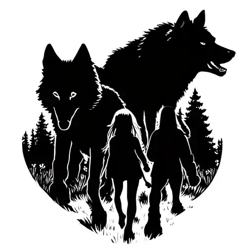 man, women, small girl and wolf walking in the forest tattoo design idea