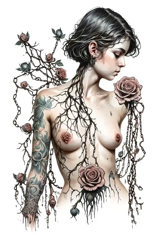 Silhouette of a goddess with short hair, bare chest, roots growing out of chains, roses, decaying flesh tattoo design idea
