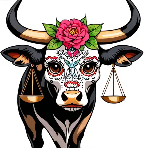 feminine bull with sugar skull markings, brown eyes and two Libra scales and dark background tattoo design idea