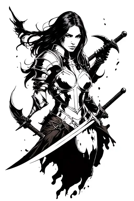 female fighter in a bloody armor holding a sword tattoo design idea