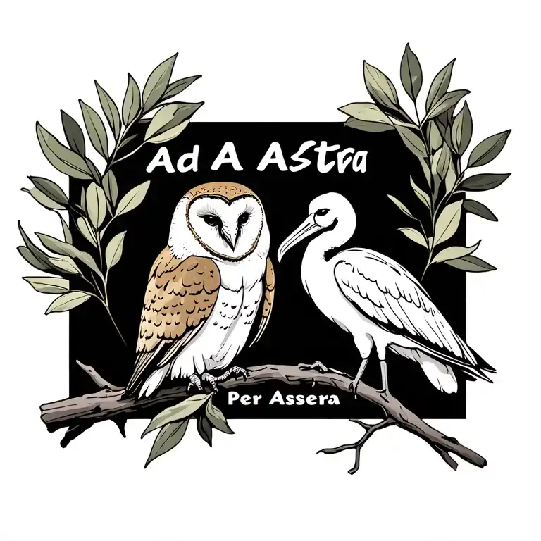 barn Owl and Ibis on opposite sides of an olive branch. outlined by "Ad Astra Per Aspera" tattoo design idea