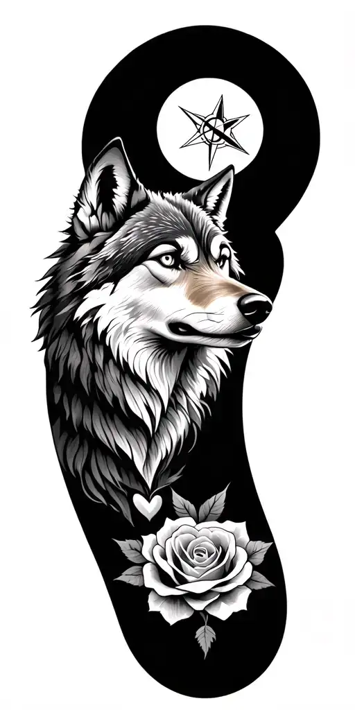 wolf and roses and compass and heart tattoo design idea