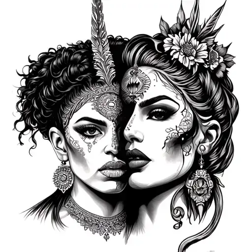 good vs evil, two faced women, african tattoo design idea