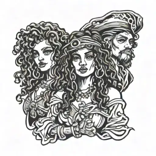Gypsies Black female pirates with curly hair surrounded tattoo design idea