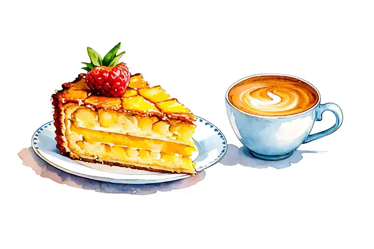 a slice of pineapple upside down cake with a cup of Perkins coffee and an empty half and half creamer on the table tattoo design idea