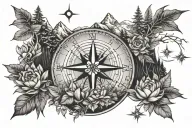 evergreen trees, compass rose, mountains, lockspur flower, waterlily flower  tattoo design idea