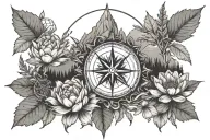 evergreen trees, compass rose, mountains, lockspur flower, waterlily flower  tattoo design idea