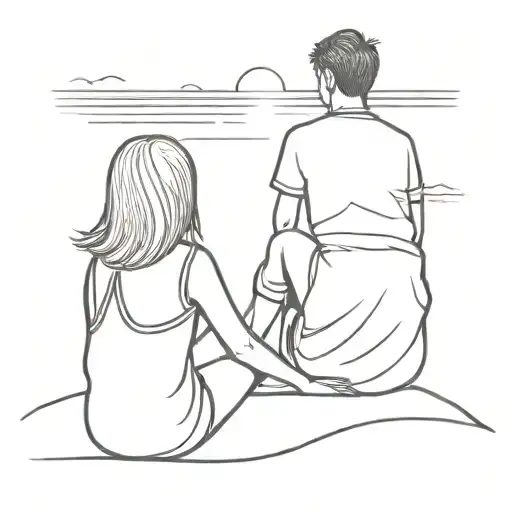 a boy and a girl, sitting on a sand dune, in front of a sunset, facing the ocean. the head of the girl is on the boy's s tattoo design idea