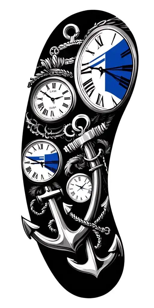 navy anchors, clocks and thin blue line flags  tattoo design idea