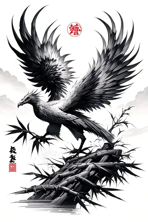 phoenix rising from wabi sabi japanese calligraphy with base of bamboo tattoo design idea