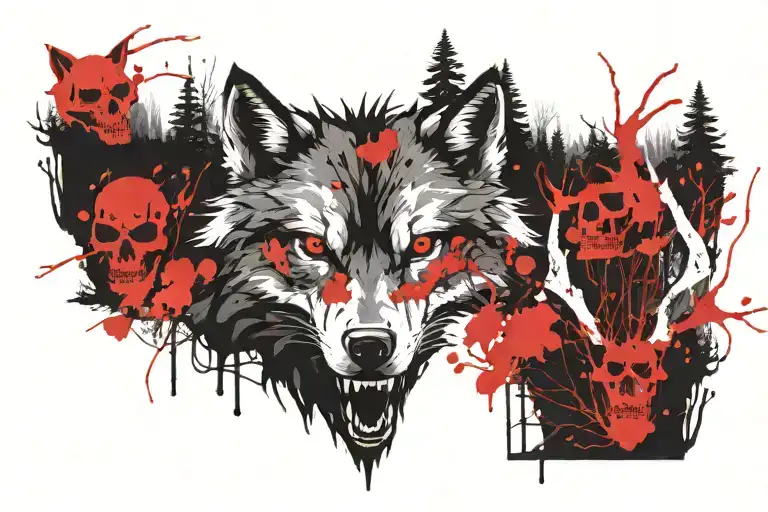 forest, ghost, skulls, wolf  tattoo design idea
