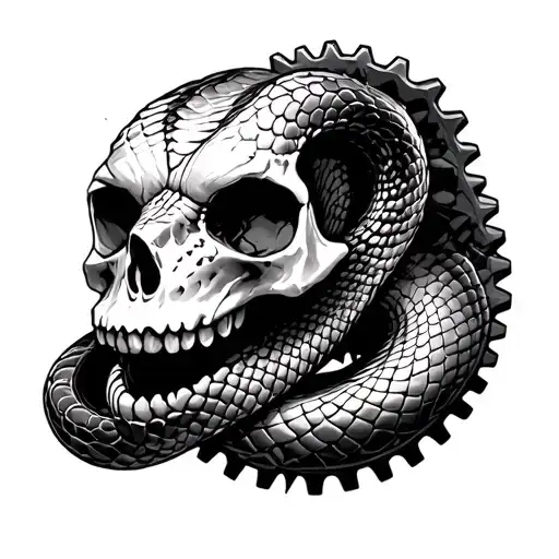 Snake half skull around gears tattoo design idea