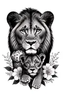 Lioness protecting cub with florals at bottom around the cubs feet  tattoo design idea