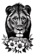 Lioness protecting cub with florals at bottom around the cubs feet  tattoo design idea