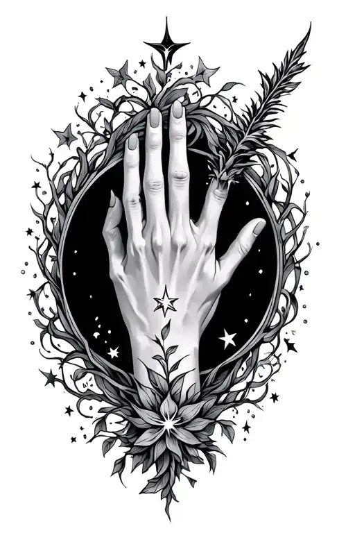 wand on finger and dainty vines on hand around stars tattoo design idea