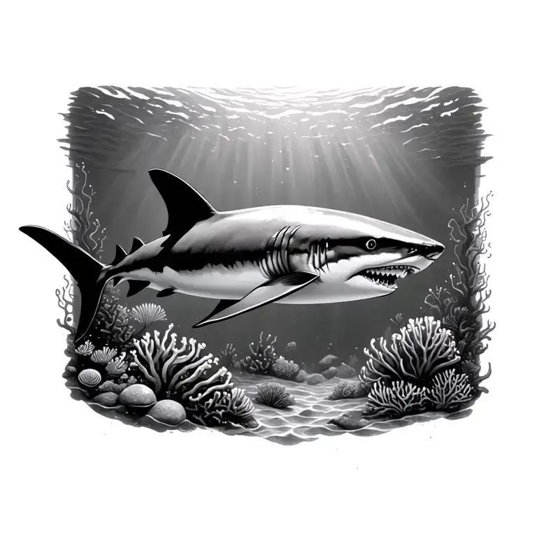 hammerhead shark circling above a coral reef and underwater waves tattoo design idea