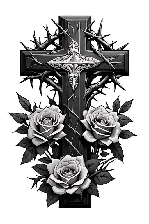 cross w/t crown of thorns and roseary  tattoo design idea