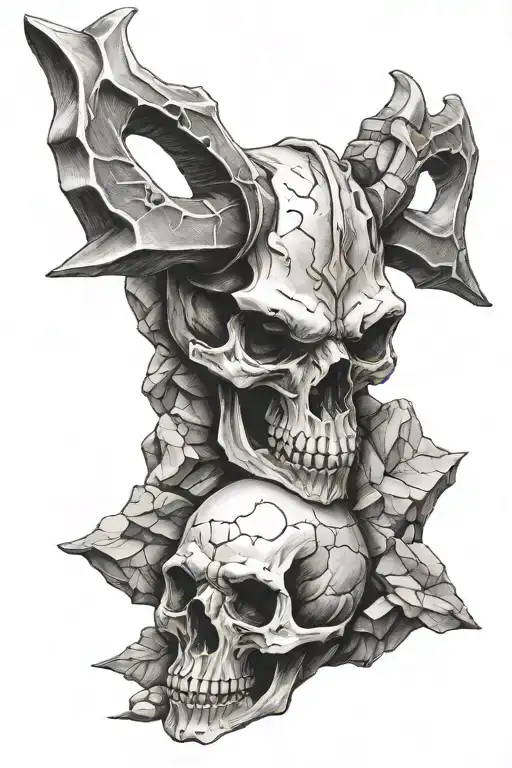 a bear skull with a tomahawk on its forehead lies on the rocks tattoo design idea