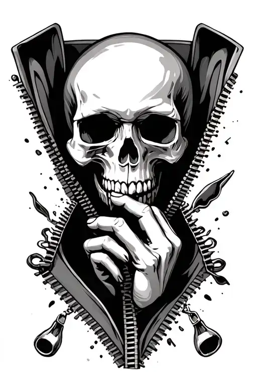 skull with and hand coming out of a zipper opening tattoo design idea