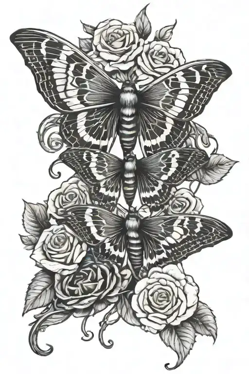 black and white death moth with roses intertwined tattoo design idea